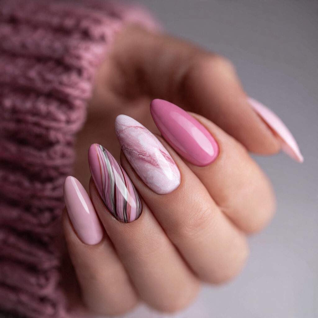 romantic almond shaped nails in soft colors