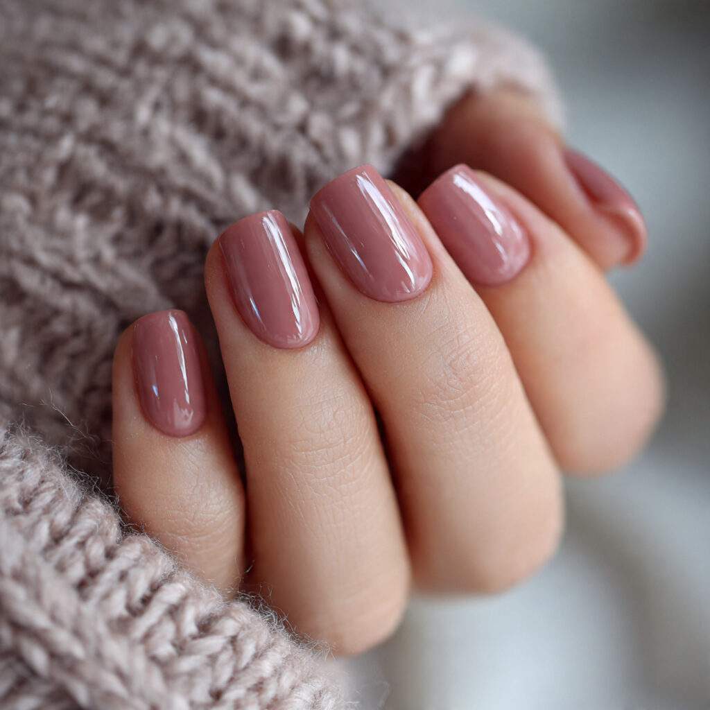 rose brown short nails glossy finish warm