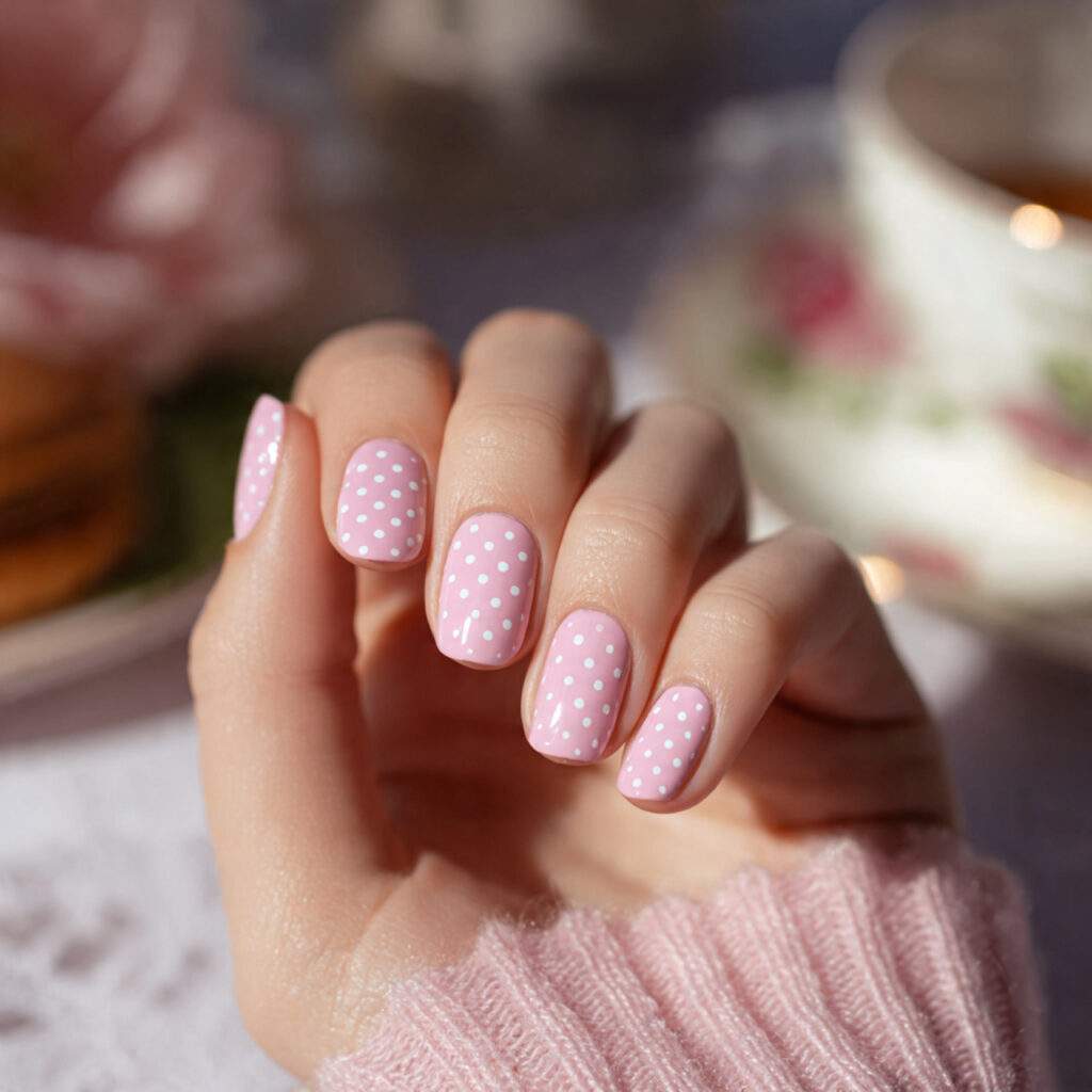 rose pink short nails with tiny white