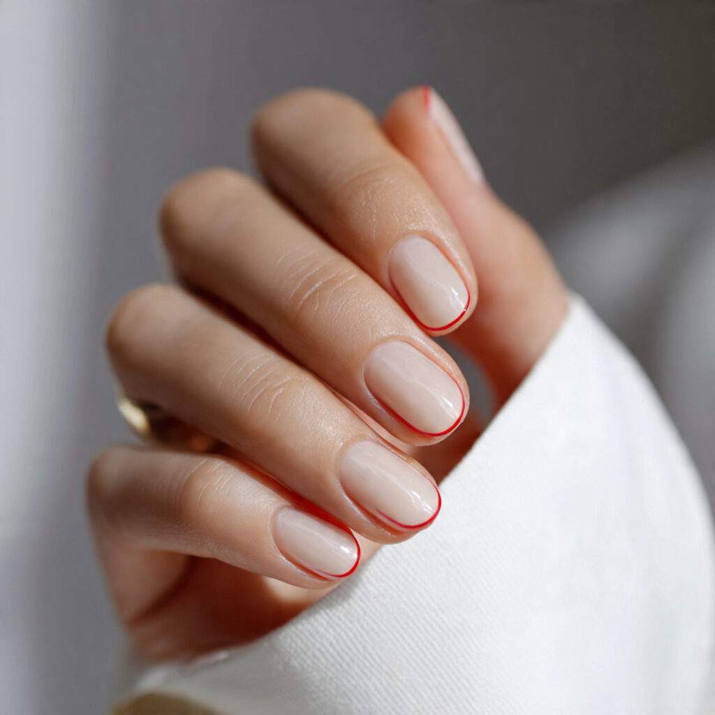 sheer beige nails with a minimal red