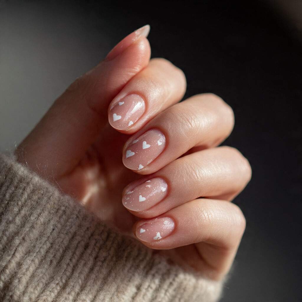 sheer nails with barely visible hearts