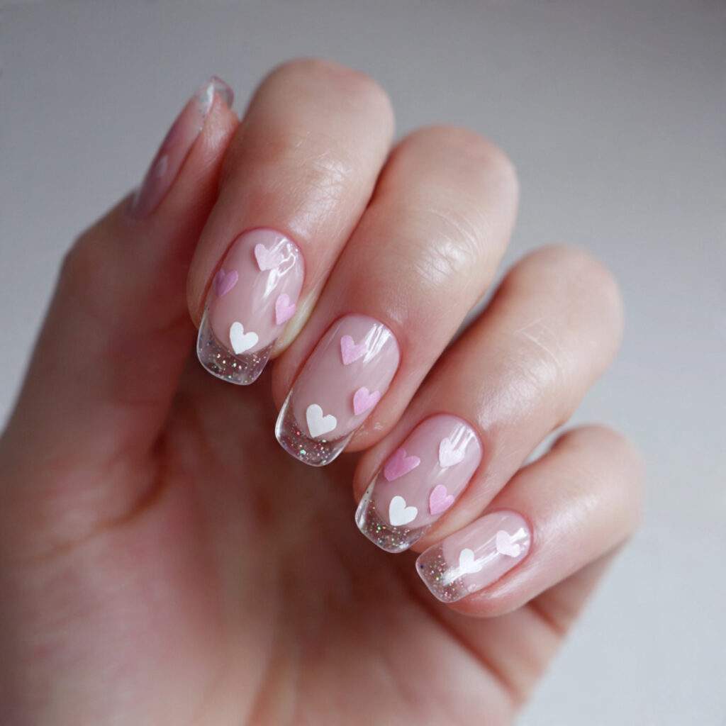 sheer nails with tiny floating hearts