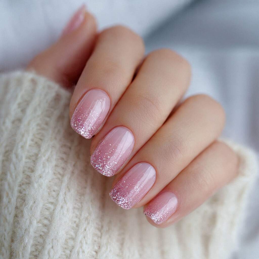 sheer pink nails with glitter tips feel