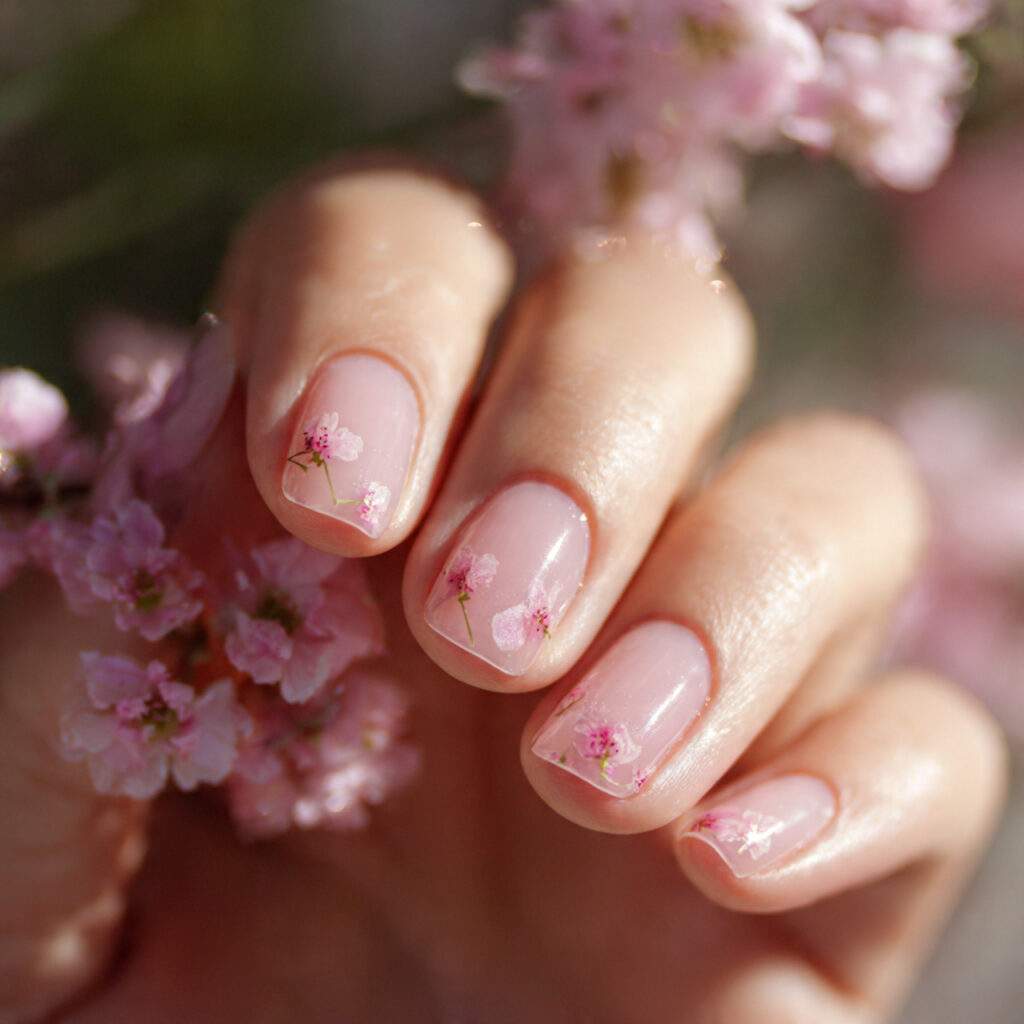 sheer pink short nails with delicate pressed