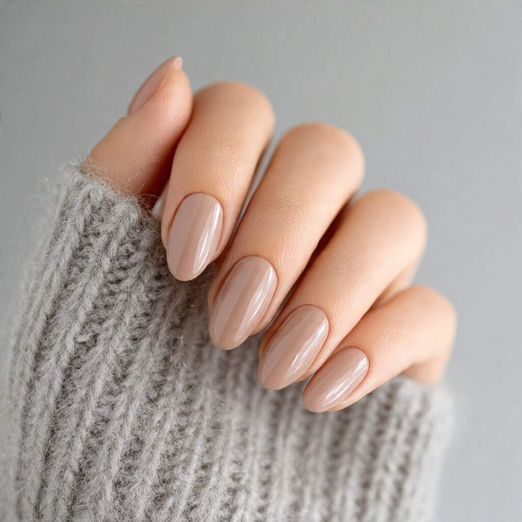 short almond neutral nails soft beige brown tone