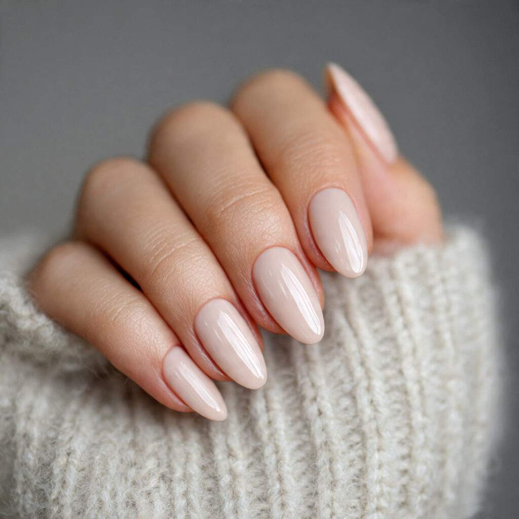 short almond shaped nails in pale champagne balancing