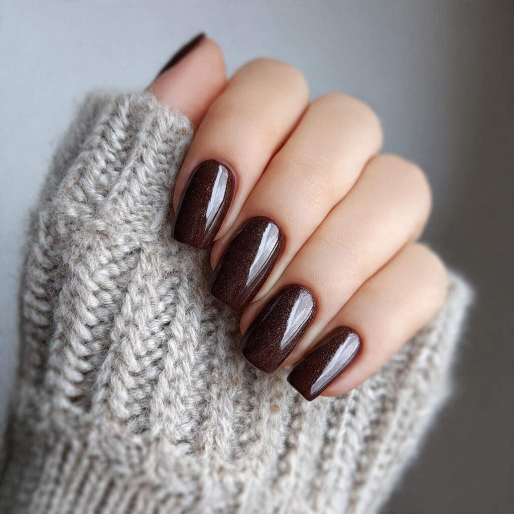 short brown winter nails with a glossy