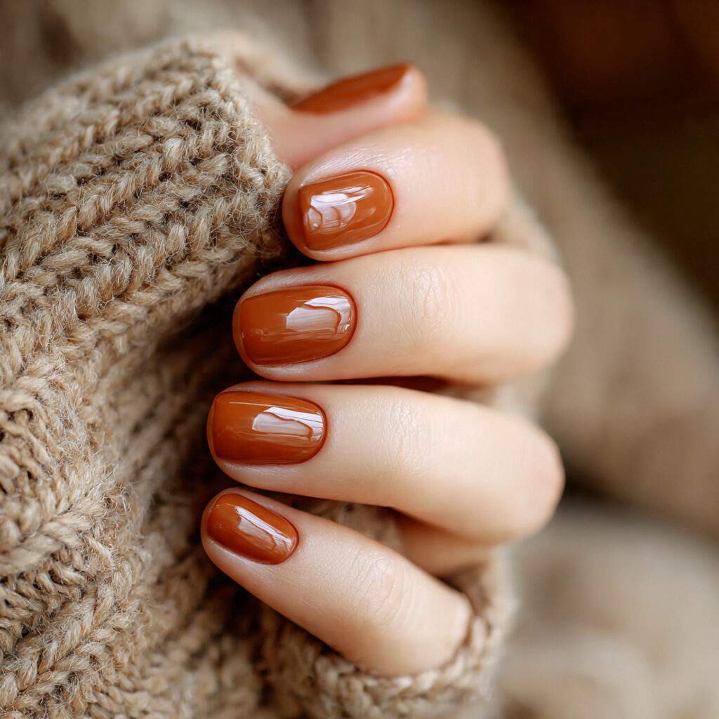 short caramel brown nails creamy warm tone