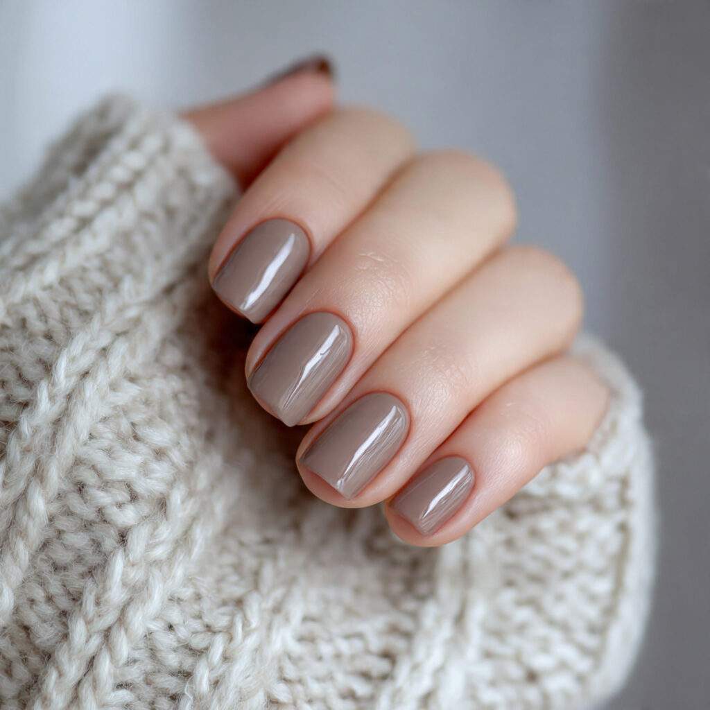 short cozy january nails in soft mocha