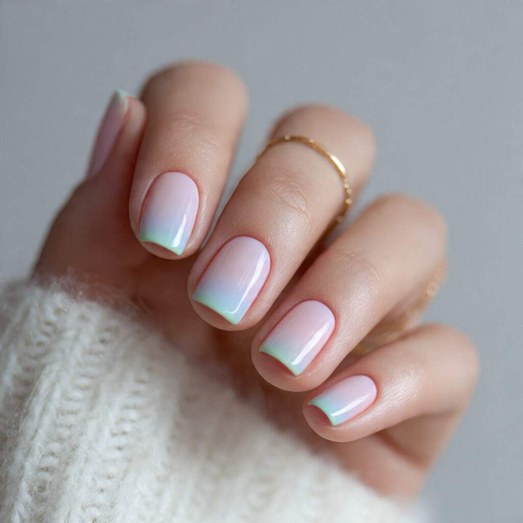 short milky white nails with pastel gradient