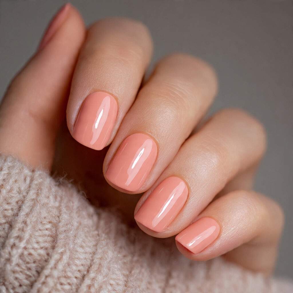 short nails painted in a muted coral