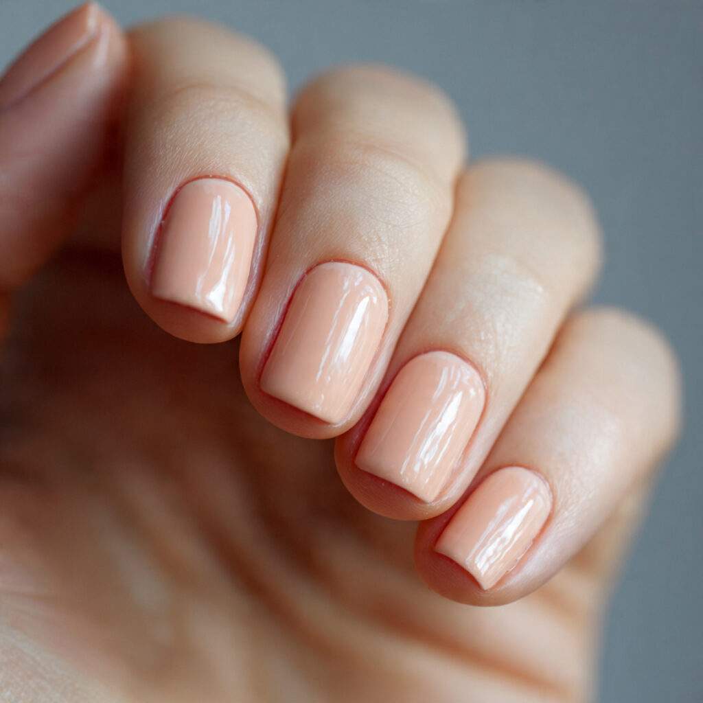 short nails painted in a pale peach