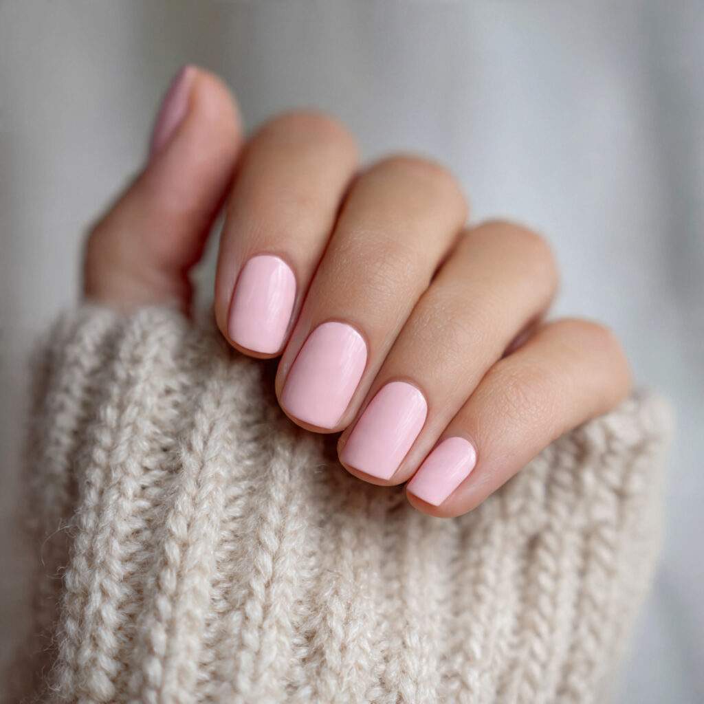 short nails painted in blush pink with