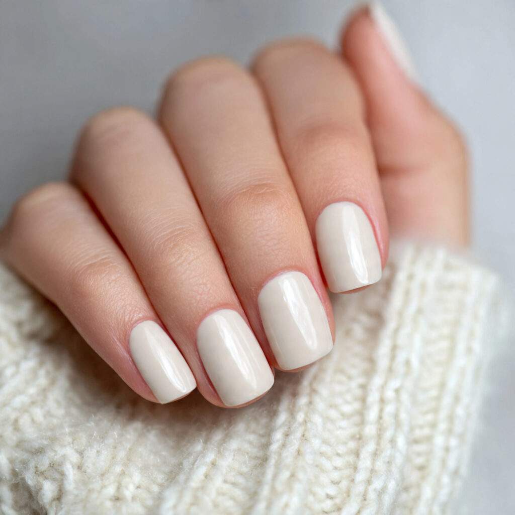 short nails painted in creamy ivory soft
