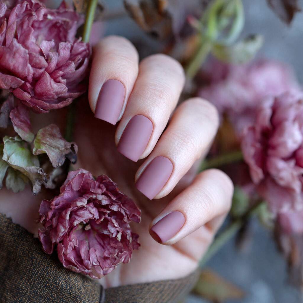 short nails painted in dusty rose with