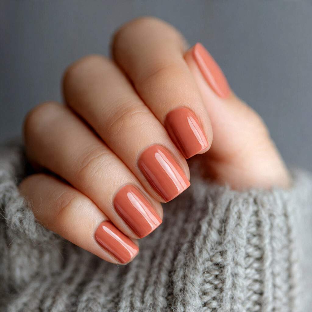 short nails painted in muted peach terracotta shade