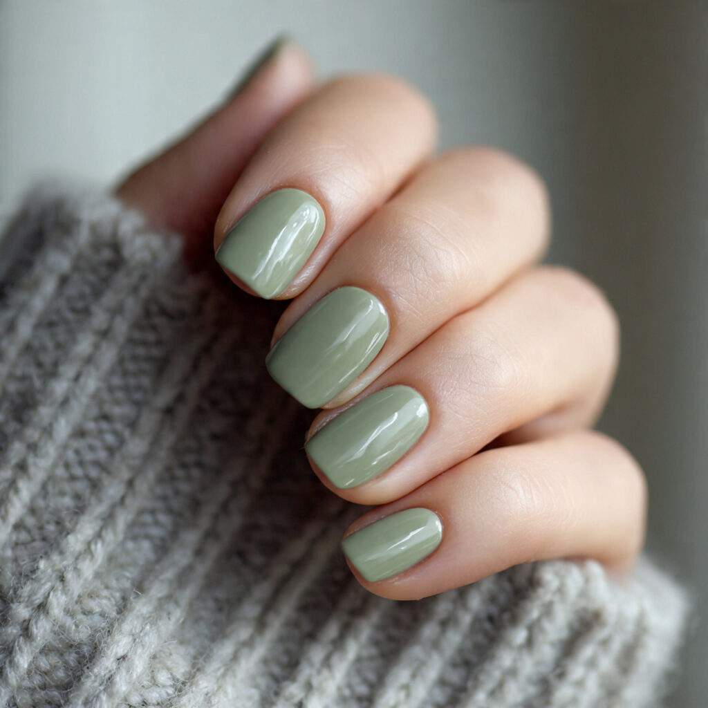 short nails painted in muted sage green