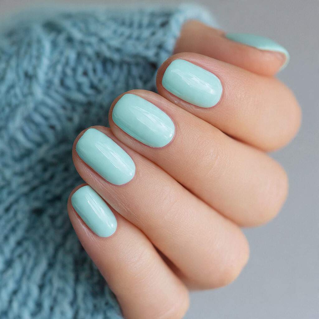short nails painted in pale aqua cool