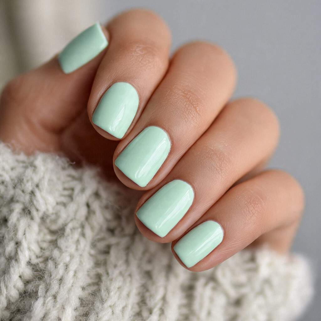 short nails painted in pale mint green