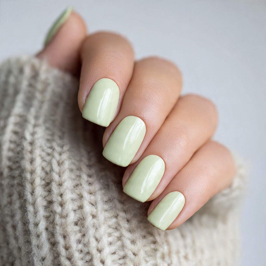 short nails painted in pale pistachio green