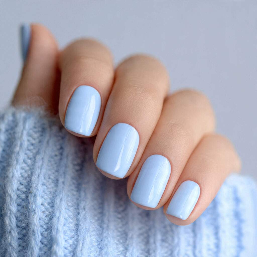 short nails painted in soft baby blue