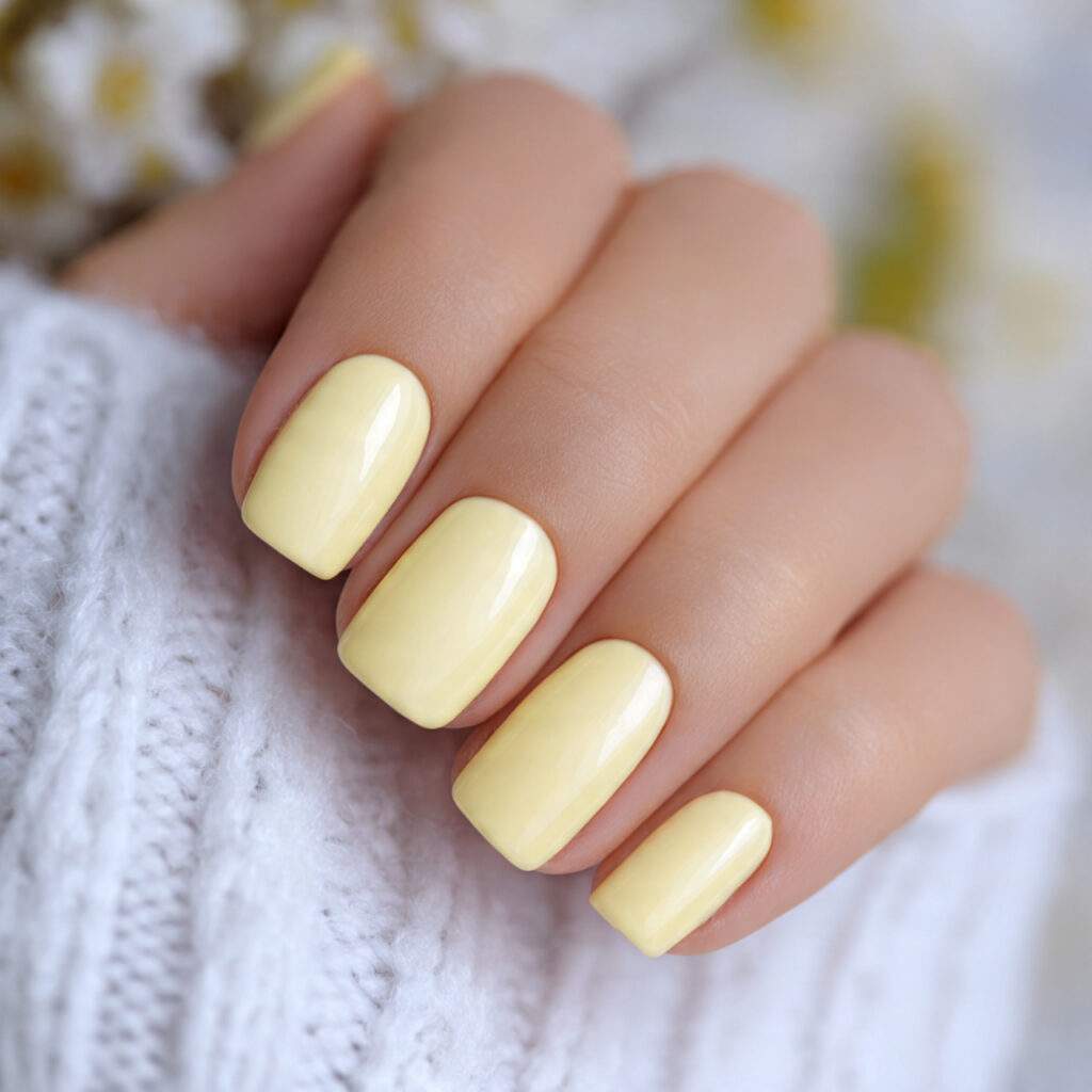 short nails painted in soft buttercream yellow