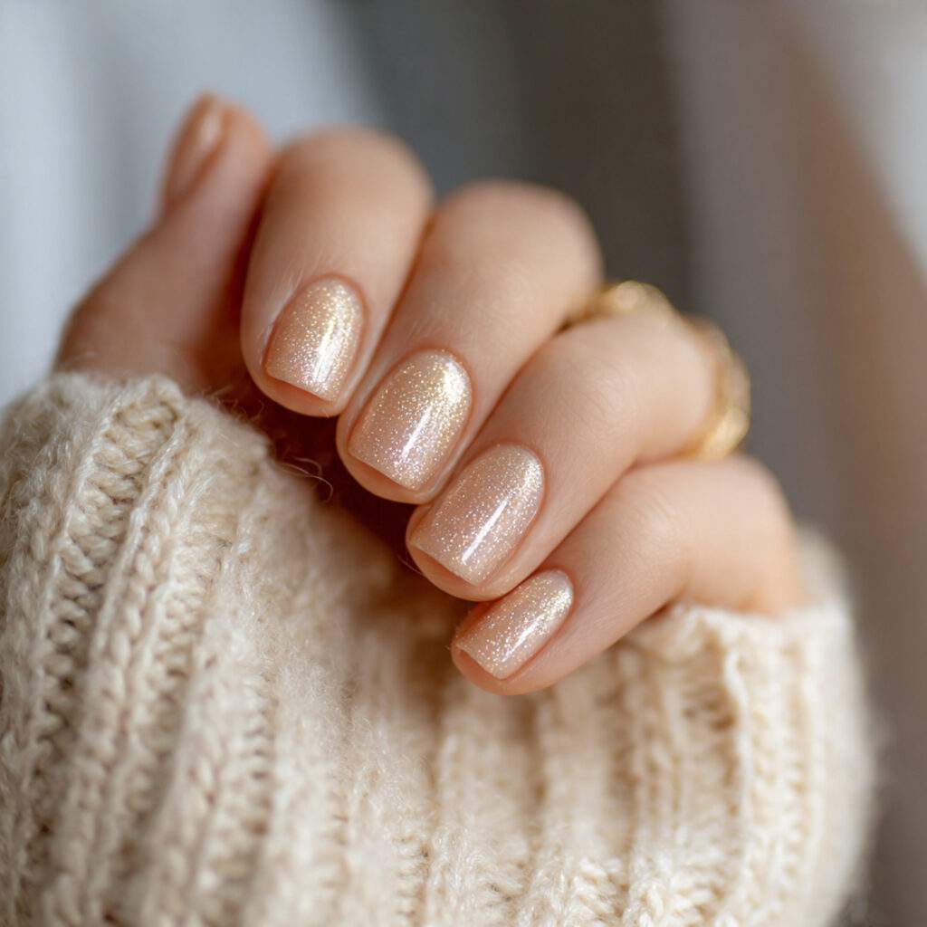 short nails painted in soft champagne color