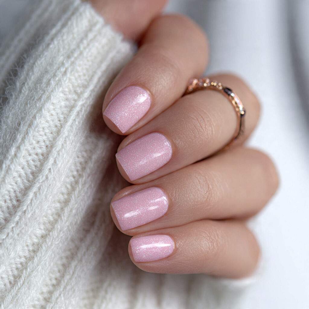 short nails painted in soft pink with