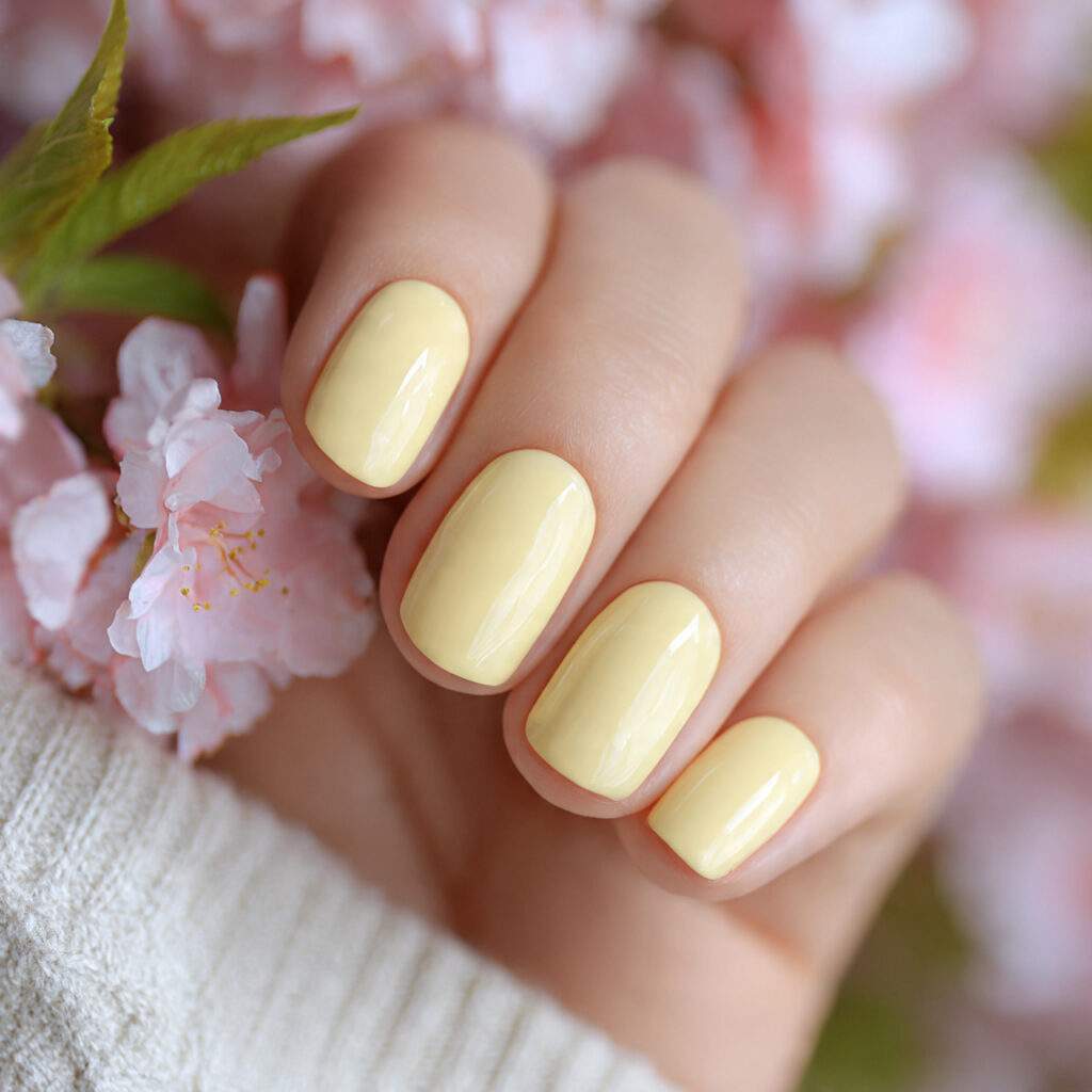 short nails painted in very soft lemon