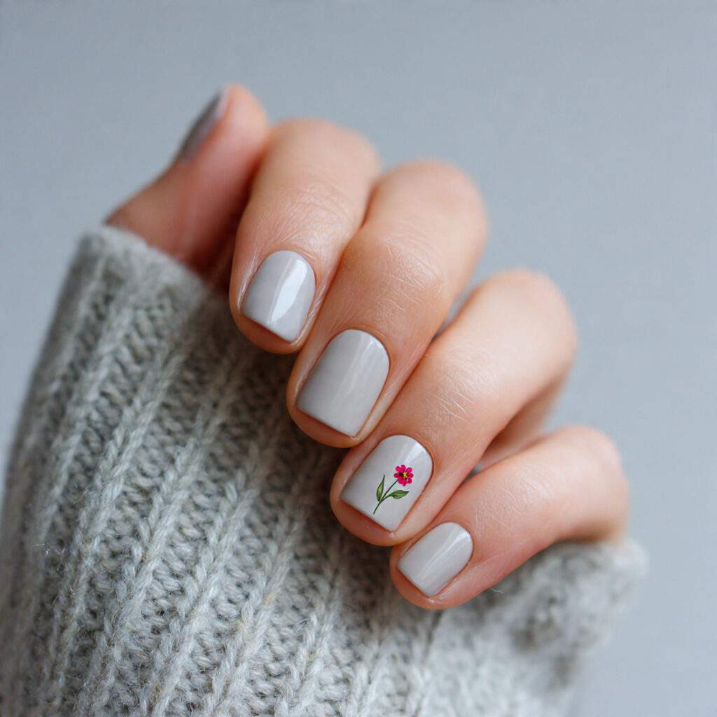 short nails painted pale gray with one