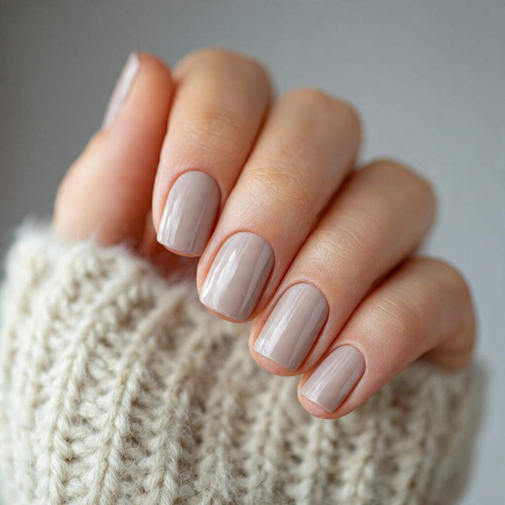 short nails painted warm taupe shade earthy 1