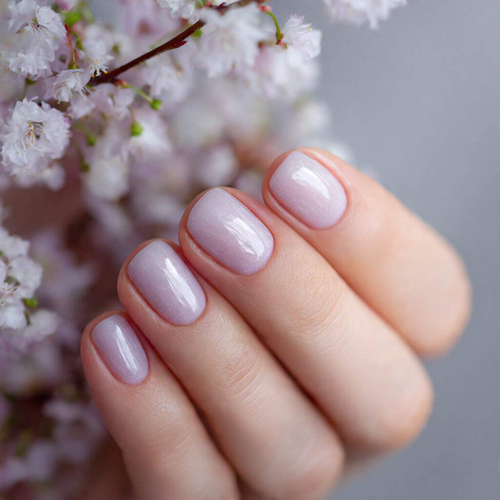 short nails with a sheer lilac wash
