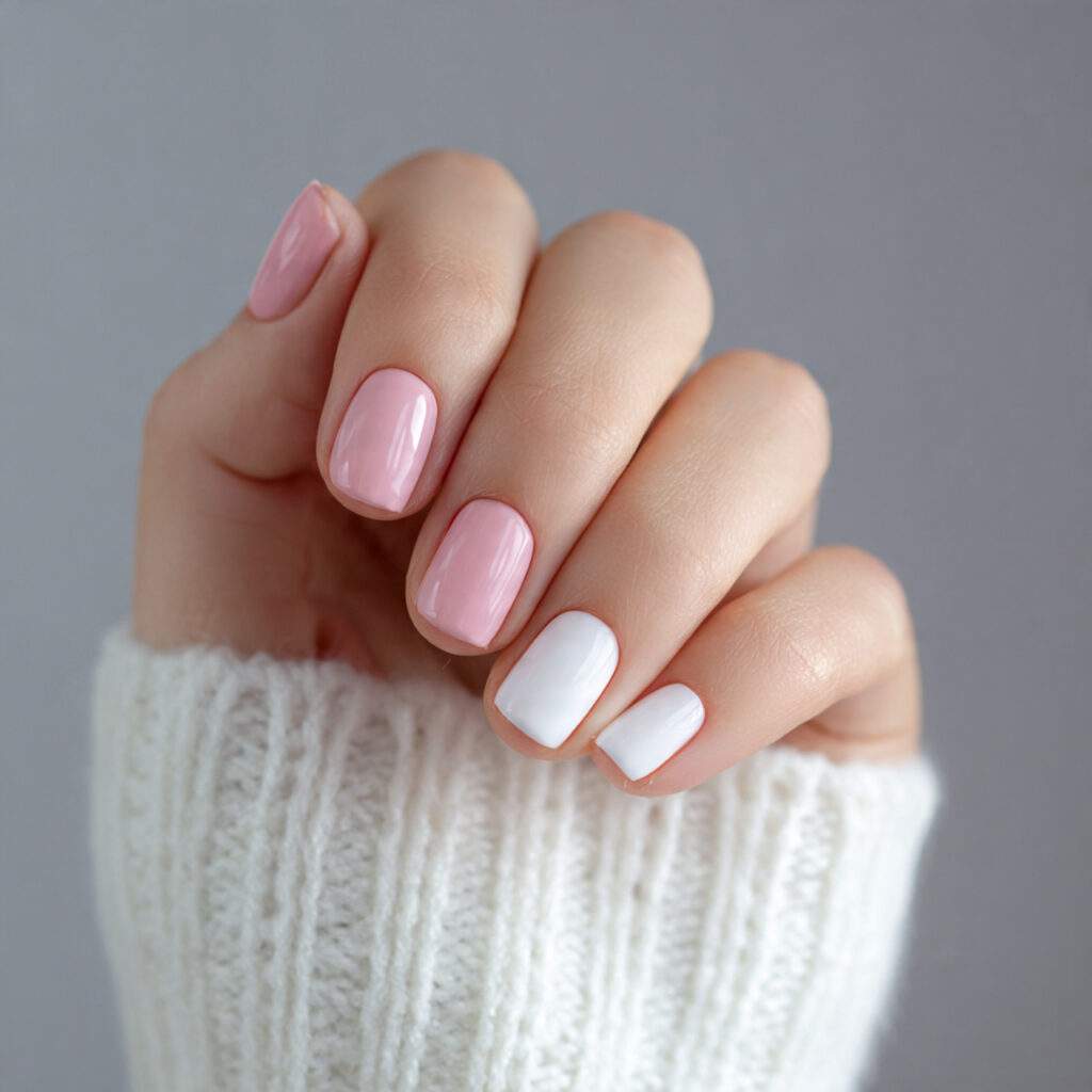 short nails with alternating soft pink and