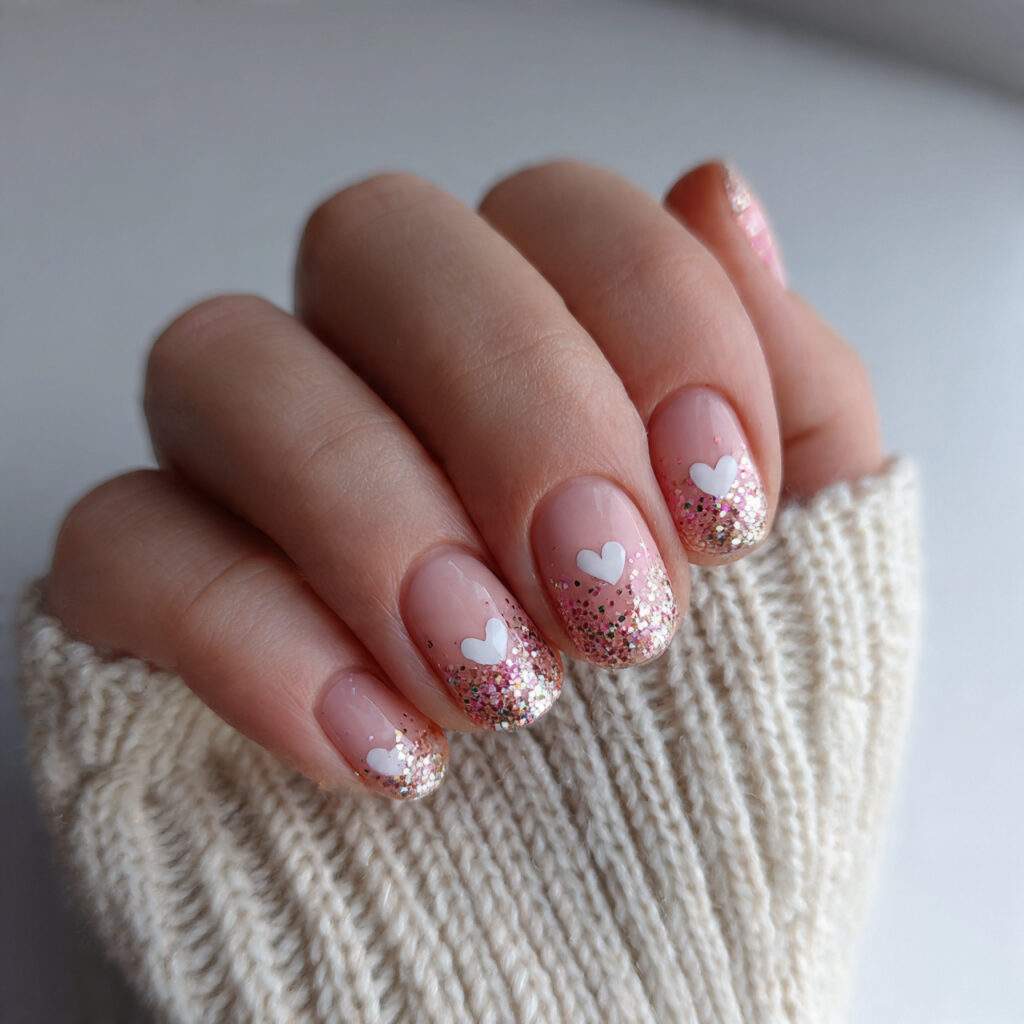 short nails with micro heart details