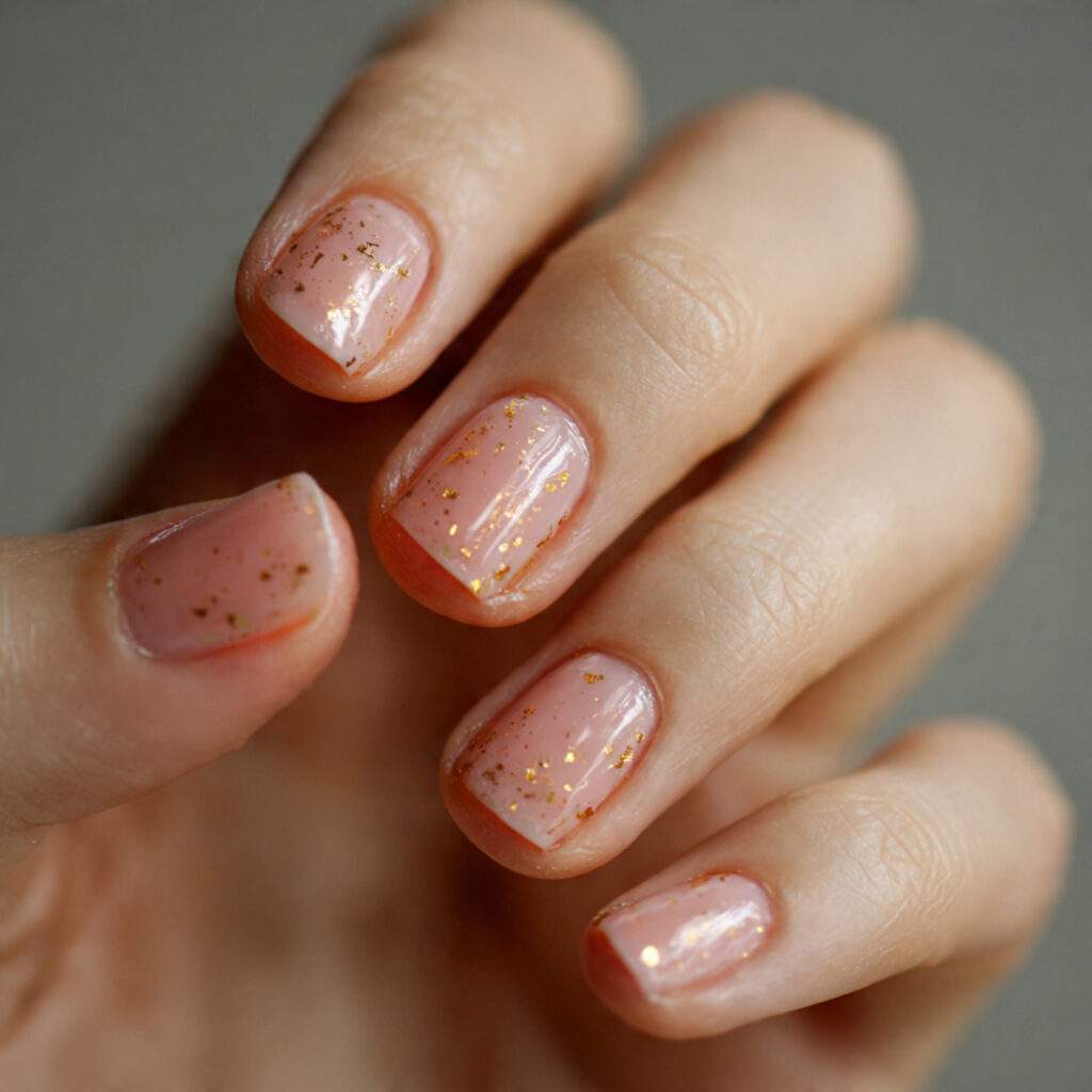 short nails with sheer peach polish and