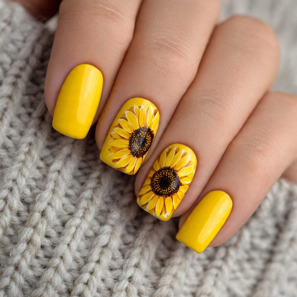 short nails with simplified sunflower designs that