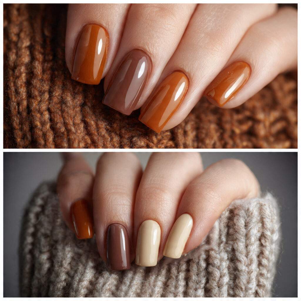 short nails with warm caramel shades and