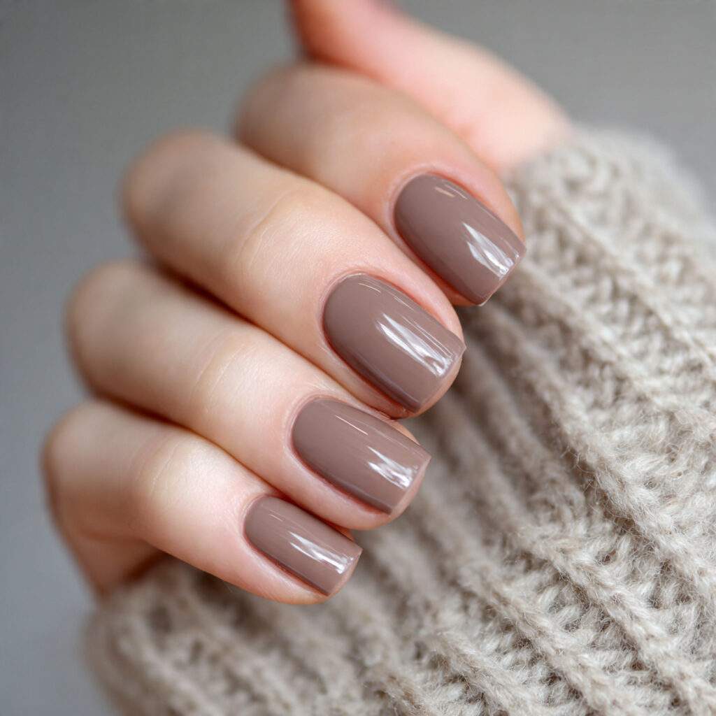 short nails with warm taupe polish and