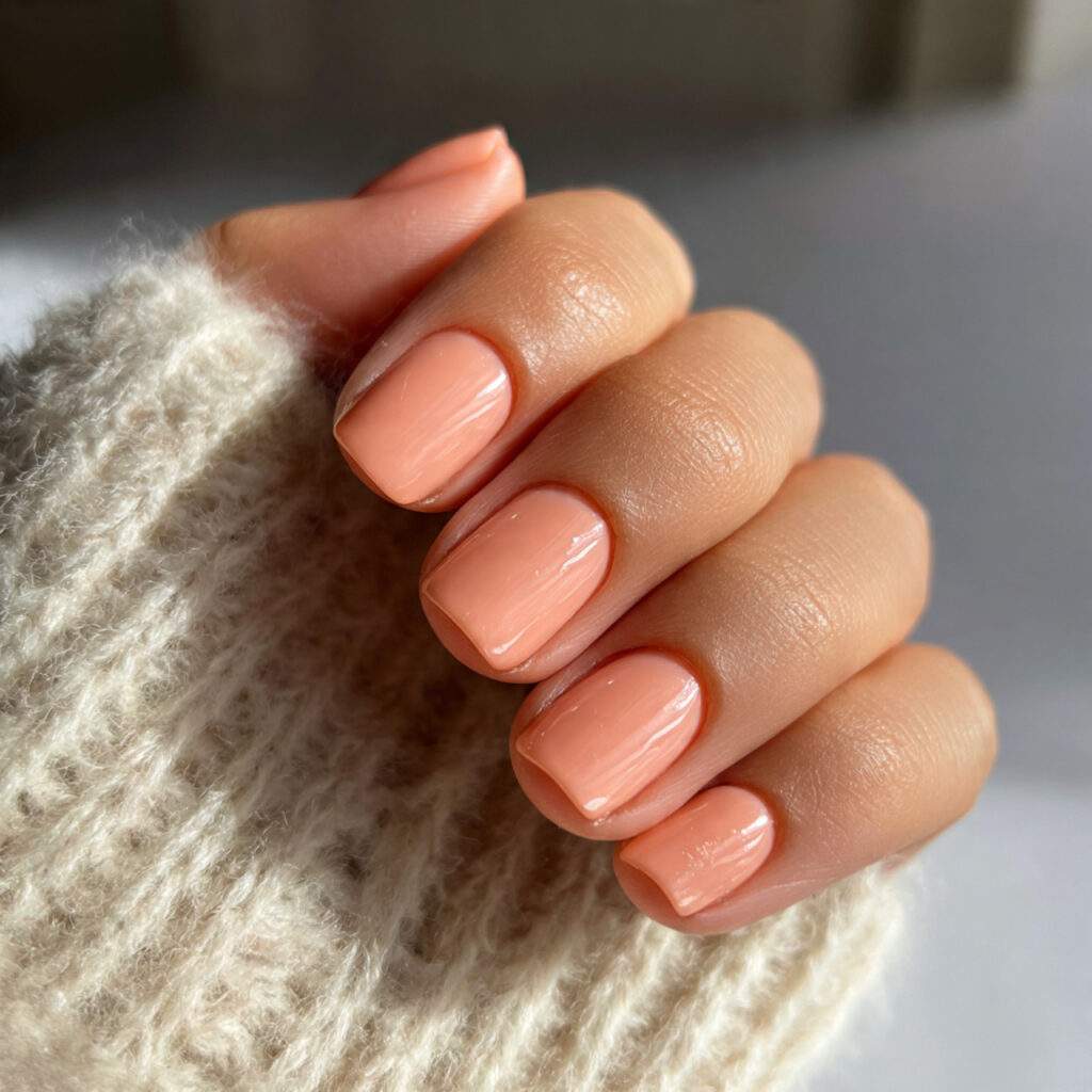 short peachy cream nails with ultra glossy finish