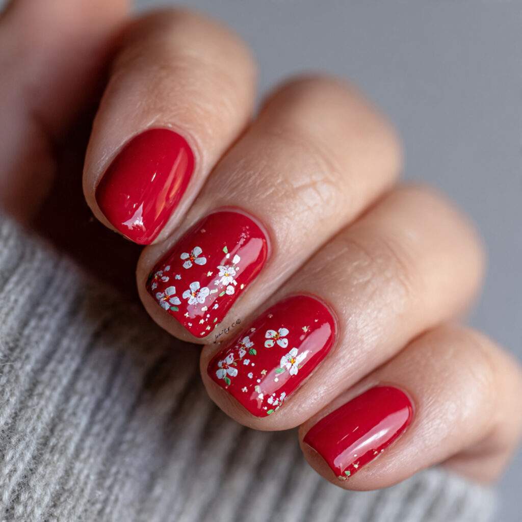 short red valentine nails with floral micro