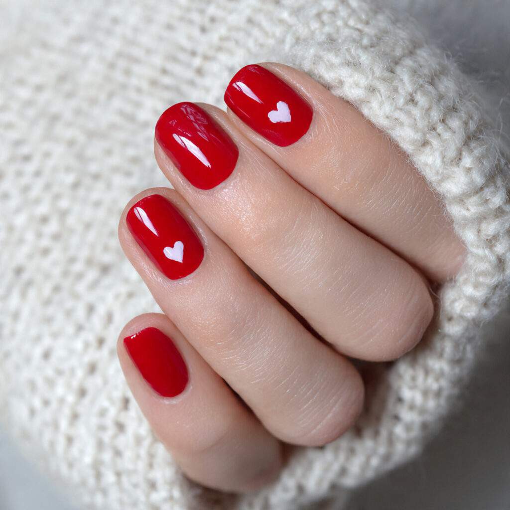 short red valentine nails with minimal heart
