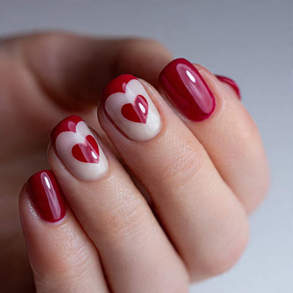short red valentine nails with negative space