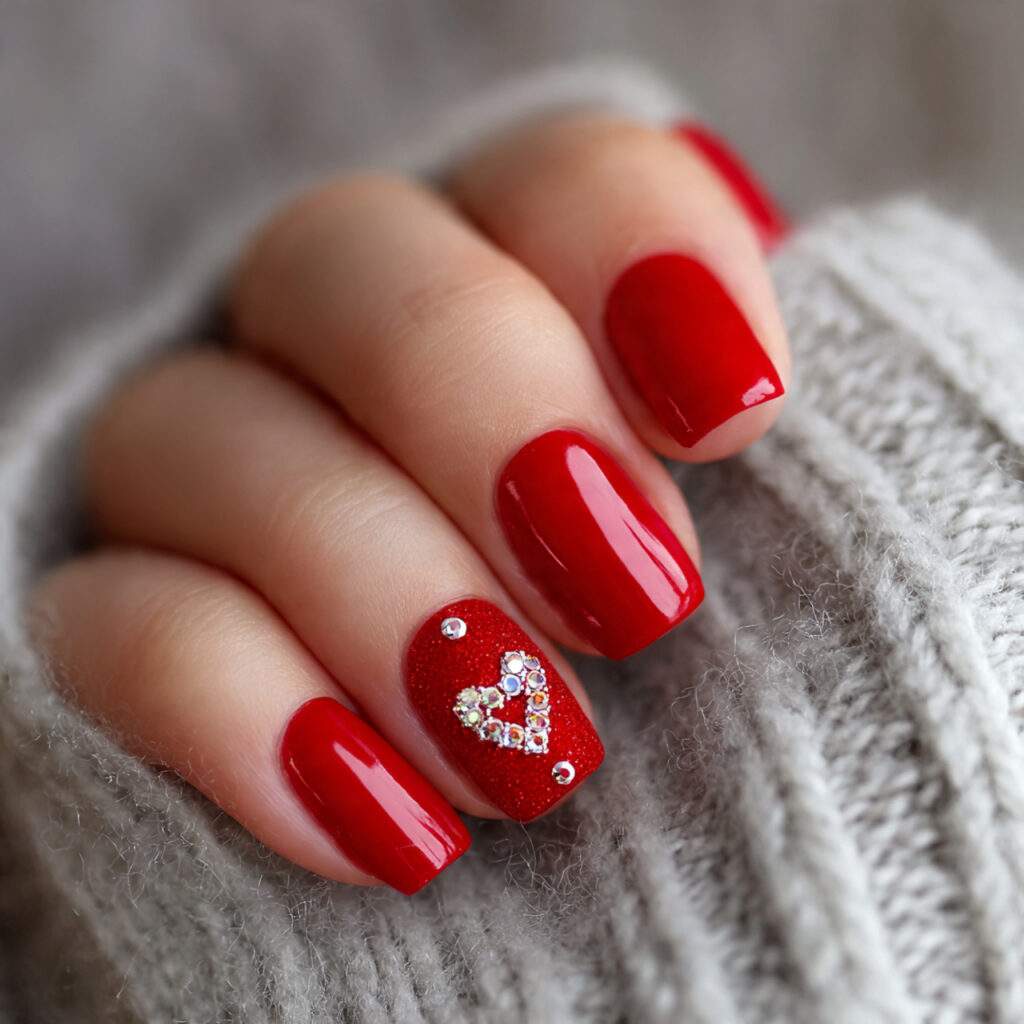 short red valentine nails with tiny rhinestones