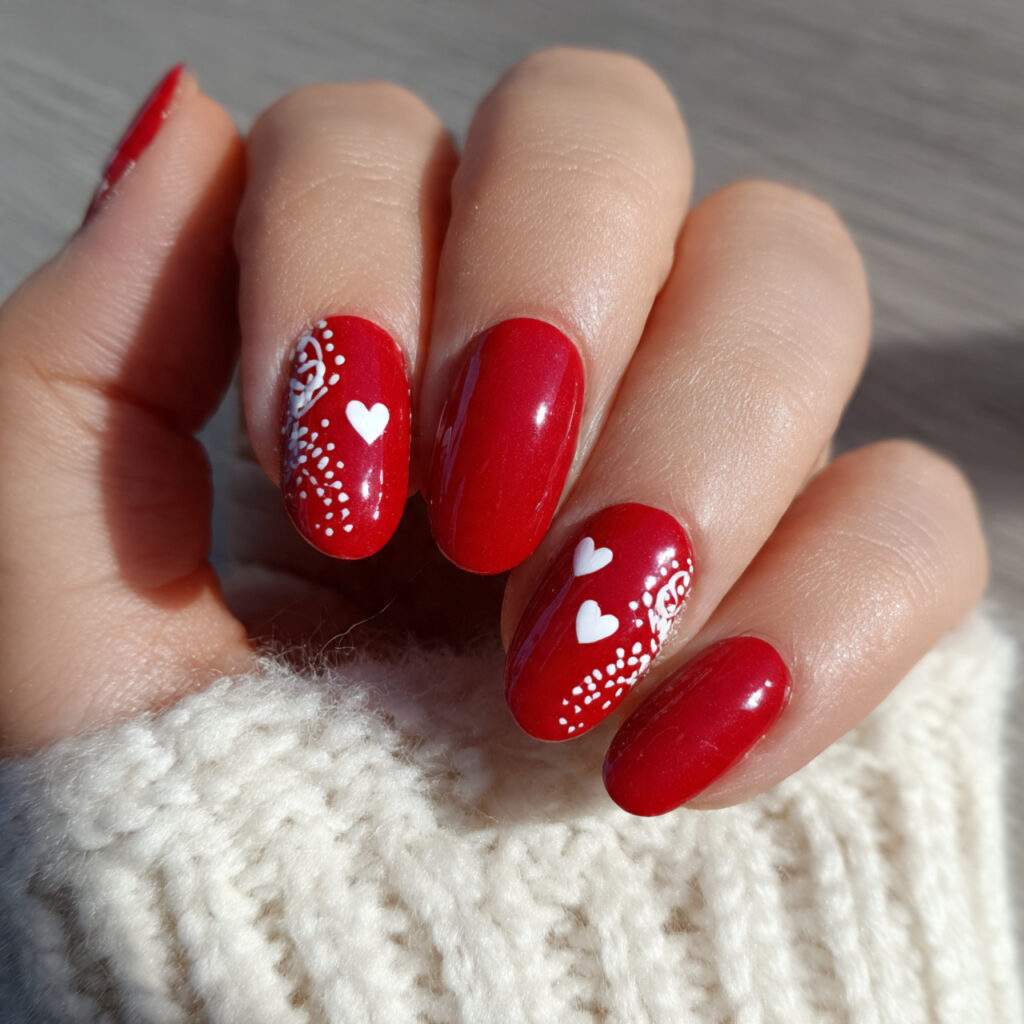 short red valentine nails with white heart