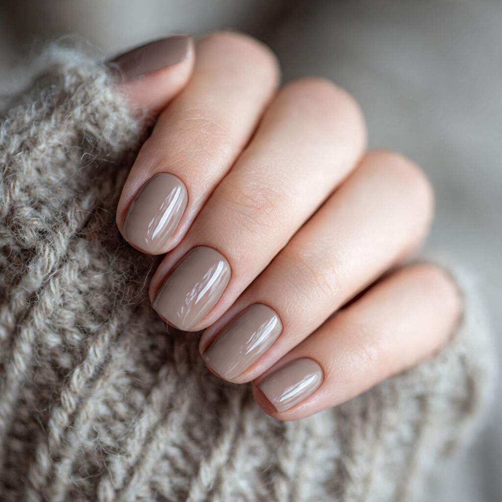short round nails in a soft taupe