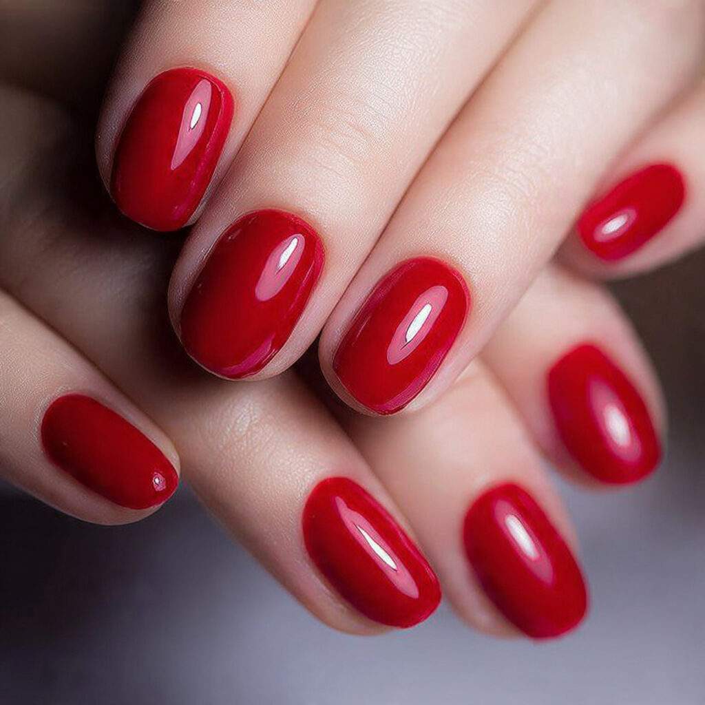 short rounded red nails create a bold