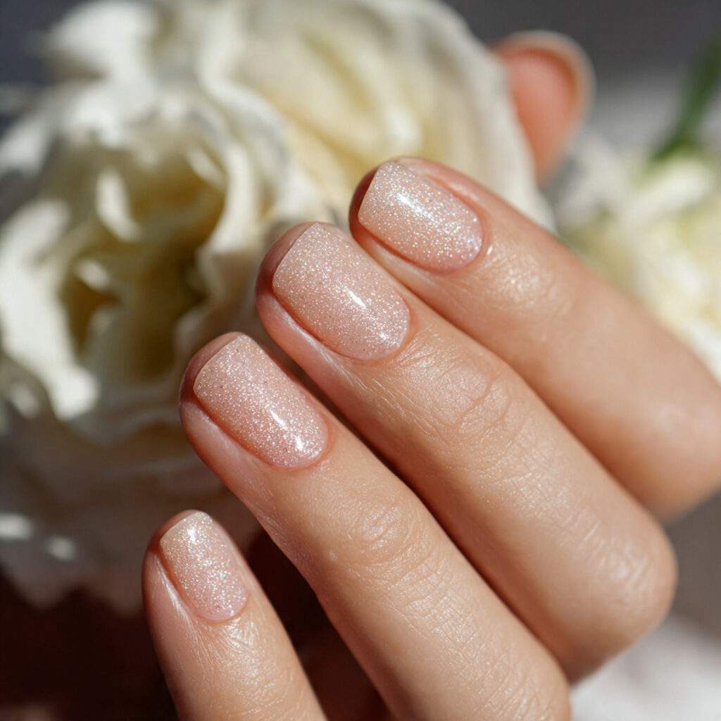 short sheer champagne nails with delicate shimmer