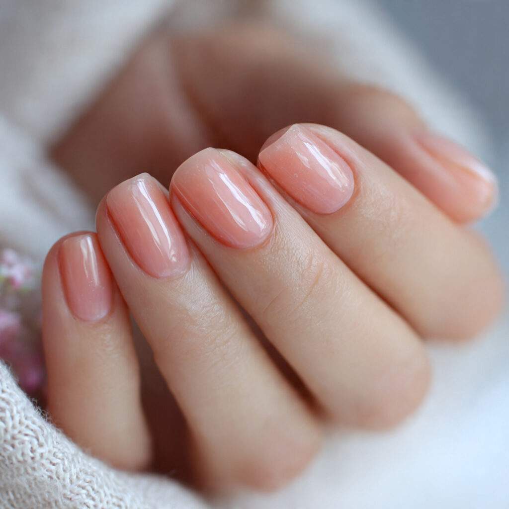 short sheer peach nails with natural translucent