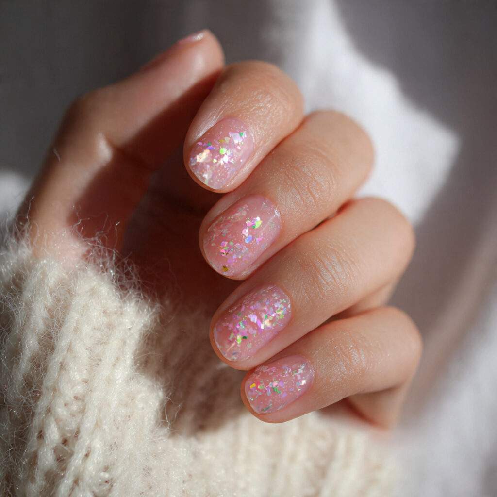 short sheer pink nails with scattered holographic