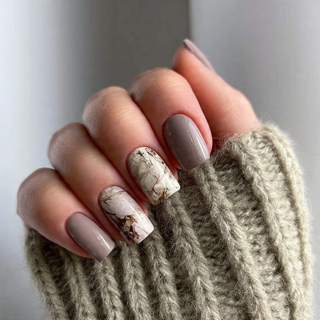 short square nails with neutral shades in